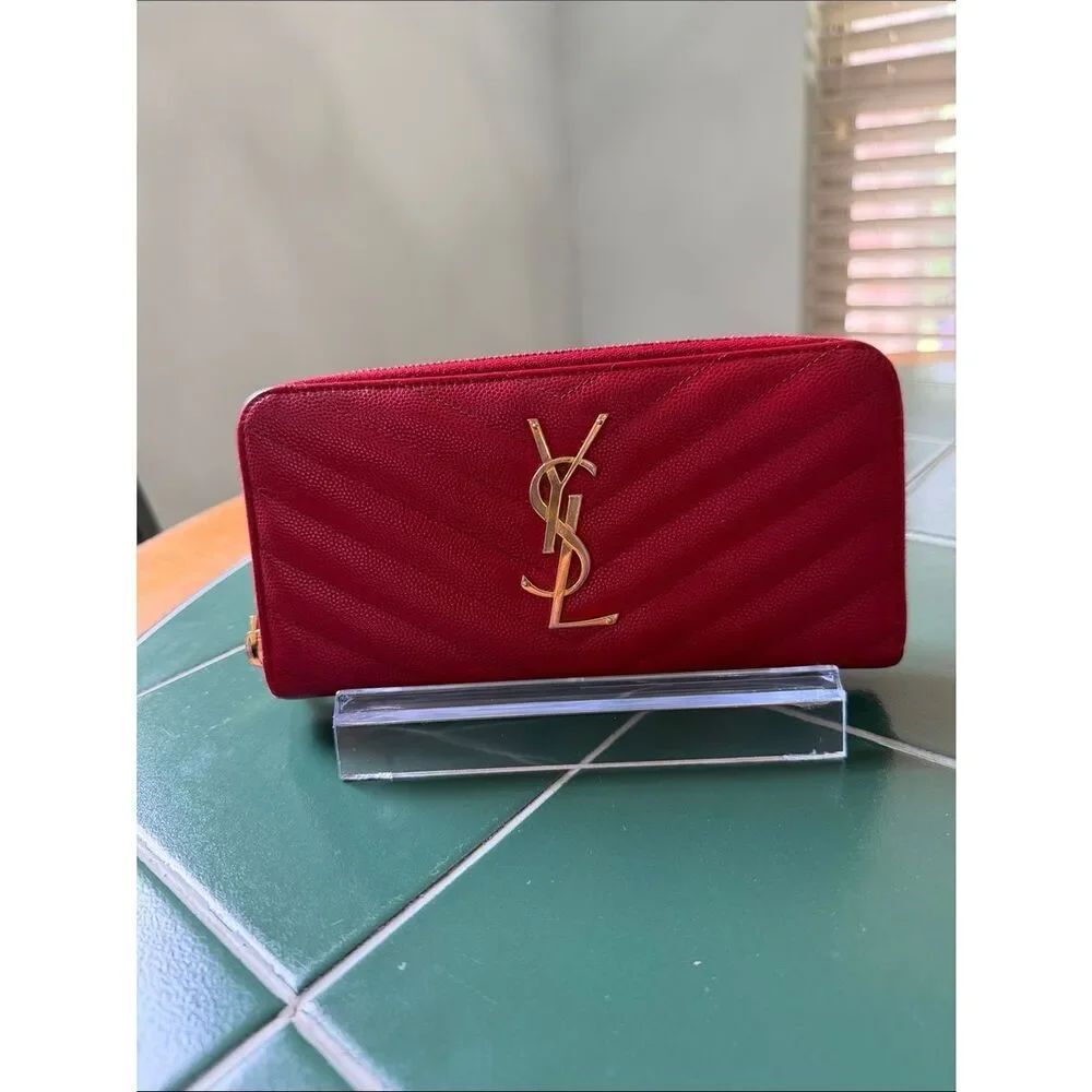 Yves Saint Laurent Red Quilted Zip Wallet with Gold YSL Logo
